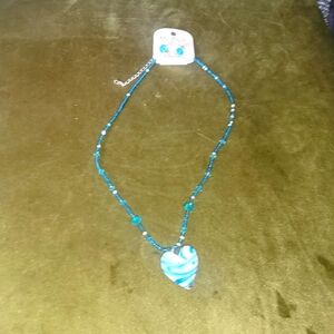 NWT Crystal beaded glass heart Aqua blue electric blue necklace earrings…